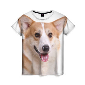 Женская футболка 3D с принтом Пемброк-вельш-корги в Новосибирске, 100% полиэфир ( синтетическое хлопкоподобное полотно) | прямой крой, круглый вырез горловины, длина до линии бедер | животное | пемброк вельш корги | порода | собака