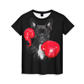 Женская футболка 3D с принтом Французский бульдог в Новосибирске, 100% полиэфир ( синтетическое хлопкоподобное полотно) | прямой крой, круглый вырез горловины, длина до линии бедер | бокс | перчатки | собака | французский бульдог