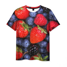 Мужская футболка 3D с принтом Berries в Новосибирске, 100% полиэфир | прямой крой, круглый вырез горловины, длина до линии бедер | strawberry | vegan | vegetarian | веган | вегетарианство | земляника | йога | клубника | фитнес | черника | ягода