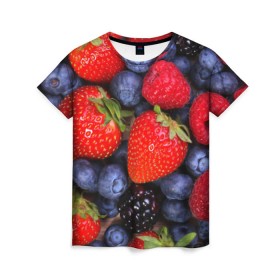 Женская футболка 3D с принтом Berries в Новосибирске, 100% полиэфир ( синтетическое хлопкоподобное полотно) | прямой крой, круглый вырез горловины, длина до линии бедер | strawberry | vegan | vegetarian | веган | вегетарианство | земляника | йога | клубника | фитнес | черника | ягода