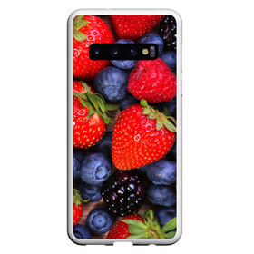 Чехол для Samsung Galaxy S10 с принтом Berries в Новосибирске, Силикон | Область печати: задняя сторона чехла, без боковых панелей | strawberry | vegan | vegetarian | веган | вегетарианство | земляника | йога | клубника | фитнес | черника | ягода
