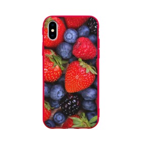 Чехол для Apple iPhone X силиконовый матовый с принтом Berries в Новосибирске, Силикон | Печать на задней стороне чехла, без боковой панели | Тематика изображения на принте: strawberry | vegan | vegetarian | веган | вегетарианство | земляника | йога | клубника | фитнес | черника | ягода