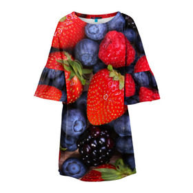 Детское платье 3D с принтом Berries в Новосибирске, 100% полиэстер | прямой силуэт, чуть расширенный к низу. Круглая горловина, на рукавах — воланы | Тематика изображения на принте: strawberry | vegan | vegetarian | веган | вегетарианство | земляника | йога | клубника | фитнес | черника | ягода