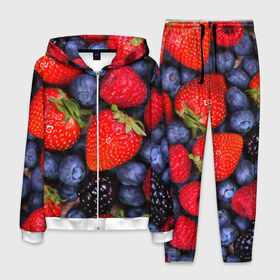 Мужской костюм 3D с принтом Berries в Новосибирске, 100% полиэстер | Манжеты и пояс оформлены тканевой резинкой, двухслойный капюшон со шнурком для регулировки, карманы спереди | Тематика изображения на принте: strawberry | vegan | vegetarian | веган | вегетарианство | земляника | йога | клубника | фитнес | черника | ягода