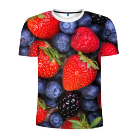 Мужская футболка 3D спортивная с принтом Berries в Новосибирске, 100% полиэстер с улучшенными характеристиками | приталенный силуэт, круглая горловина, широкие плечи, сужается к линии бедра | Тематика изображения на принте: strawberry | vegan | vegetarian | веган | вегетарианство | земляника | йога | клубника | фитнес | черника | ягода