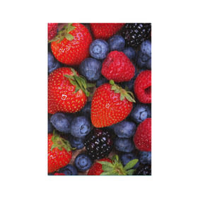 Обложка для паспорта матовая кожа с принтом Berries в Новосибирске, натуральная матовая кожа | размер 19,3 х 13,7 см; прозрачные пластиковые крепления | strawberry | vegan | vegetarian | веган | вегетарианство | земляника | йога | клубника | фитнес | черника | ягода