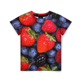 Детская футболка 3D с принтом Berries в Новосибирске, 100% гипоаллергенный полиэфир | прямой крой, круглый вырез горловины, длина до линии бедер, чуть спущенное плечо, ткань немного тянется | strawberry | vegan | vegetarian | веган | вегетарианство | земляника | йога | клубника | фитнес | черника | ягода