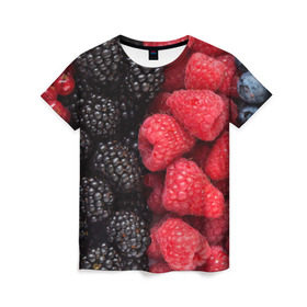 Женская футболка 3D с принтом Ягодная в Новосибирске, 100% полиэфир ( синтетическое хлопкоподобное полотно) | прямой крой, круглый вырез горловины, длина до линии бедер | strawberry | vegan | vegetarian | будизм | веган | вегетарианство | земляника | йога | клубника | клюква | фитнес | черника | ягода