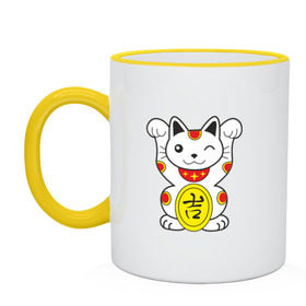 Кружка двухцветная с принтом Японский котик в Новосибирске, керамика | объем — 330 мл, диаметр — 80 мм. Цветная ручка и кайма сверху, в некоторых цветах — вся внутренняя часть | иероглиф | кот | япония
