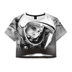 Женская футболка 3D укороченная с принтом Гагарин 1 в Новосибирске, 100% полиэстер | круглая горловина, длина футболки до линии талии, рукава с отворотами | гагарин | космос | космос наш | поехали | ретро | ссср | юрий гагарин