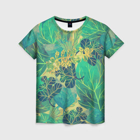 Женская футболка 3D с принтом Узор из листьев в Новосибирске, 100% полиэфир ( синтетическое хлопкоподобное полотно) | прямой крой, круглый вырез горловины, длина до линии бедер | зелень | лето | листья | мозаика | узор