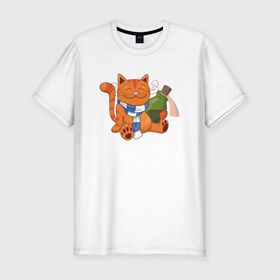 Мужская футболка премиум с принтом Довольный кот с бутылкой в Новосибирске, 92% хлопок, 8% лайкра | приталенный силуэт, круглый вырез ворота, длина до линии бедра, короткий рукав | 