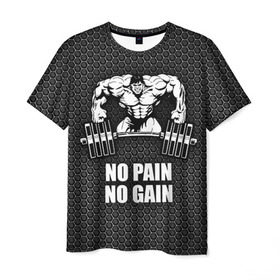 Мужская футболка 3D с принтом No pain no gain 2 в Новосибирске, 100% полиэфир | прямой крой, круглый вырез горловины, длина до линии бедер | bodybuilding | no pain no gain | train hard | бодибилдинг | качалка | пауэрлифинг | тренажерный | фитнес
