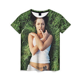 Женская футболка 3D с принтом Джоли Анджелина в Новосибирске, 100% полиэфир ( синтетическое хлопкоподобное полотно) | прямой крой, круглый вырез горловины, длина до линии бедер | анджелина | девушка | джоли | лежит | тату