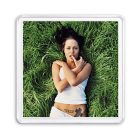Магнит 55*55 с принтом Джоли Анджелина в Новосибирске, Пластик | Размер: 65*65 мм; Размер печати: 55*55 мм | анджелина | девушка | джоли | лежит | тату