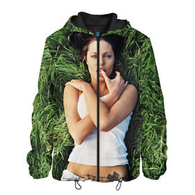 Мужская куртка 3D с принтом Джоли Анджелина в Новосибирске, ткань верха — 100% полиэстер, подклад — флис | прямой крой, подол и капюшон оформлены резинкой с фиксаторами, два кармана без застежек по бокам, один большой потайной карман на груди. Карман на груди застегивается на липучку | Тематика изображения на принте: анджелина | девушка | джоли | лежит | тату