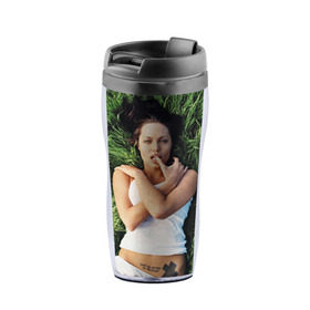 Термокружка-непроливайка с принтом Джоли Анджелина в Новосибирске, внутренняя часть — пищевой пластик, наружная часть — прозрачный пластик, между ними — полиграфическая вставка с рисунком | объем — 350 мл, герметичная крышка | анджелина | девушка | джоли | лежит | тату