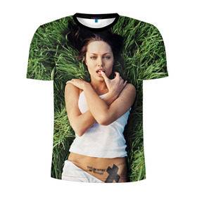 Мужская футболка 3D спортивная с принтом Джоли Анджелина в Новосибирске, 100% полиэстер с улучшенными характеристиками | приталенный силуэт, круглая горловина, широкие плечи, сужается к линии бедра | анджелина | девушка | джоли | лежит | тату
