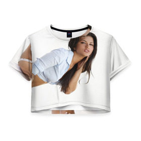 Женская футболка 3D укороченная с принтом Девушка в бикини в Новосибирске, 100% полиэстер | круглая горловина, длина футболки до линии талии, рукава с отворотами | девушка | красивая | модель | прикол | стоит