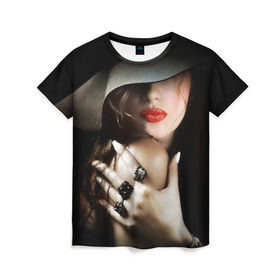 Женская футболка 3D с принтом Загадочная девушка в Новосибирске, 100% полиэфир ( синтетическое хлопкоподобное полотно) | прямой крой, круглый вырез горловины, длина до линии бедер | губы | девушка | загадочная | перстни | шляпа
