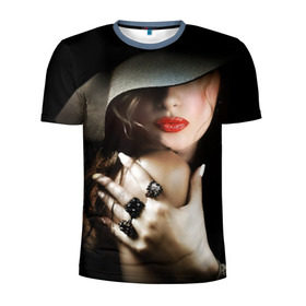 Мужская футболка 3D спортивная с принтом Загадочная девушка в Новосибирске, 100% полиэстер с улучшенными характеристиками | приталенный силуэт, круглая горловина, широкие плечи, сужается к линии бедра | Тематика изображения на принте: губы | девушка | загадочная | перстни | шляпа