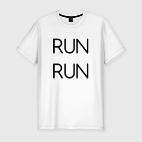 Мужская футболка премиум с принтом RUN в Новосибирске, 92% хлопок, 8% лайкра | приталенный силуэт, круглый вырез ворота, длина до линии бедра, короткий рукав | Тематика изображения на принте: bts | jimin | jin | joonguk | rap monster | run | suga