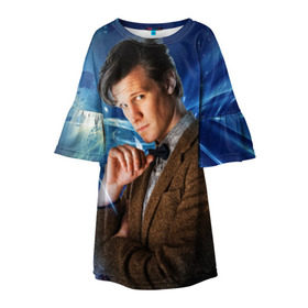 Детское платье 3D с принтом 11th Doctor Who в Новосибирске, 100% полиэстер | прямой силуэт, чуть расширенный к низу. Круглая горловина, на рукавах — воланы | Тематика изображения на принте: doctor who | matt | smith | tardis | временной поток | доктор кто | мэтт | смит | тардис