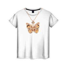Женская футболка 3D с принтом Золотая бабочка в Новосибирске, 100% полиэфир ( синтетическое хлопкоподобное полотно) | прямой крой, круглый вырез горловины, длина до линии бедер | бабочка
