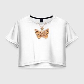 Женская футболка 3D укороченная с принтом Золотая бабочка в Новосибирске, 100% полиэстер | круглая горловина, длина футболки до линии талии, рукава с отворотами | бабочка