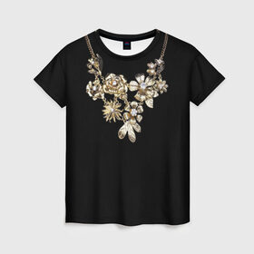 Женская футболка 3D с принтом Золотое ожерелье в Новосибирске, 100% полиэфир ( синтетическое хлопкоподобное полотно) | прямой крой, круглый вырез горловины, длина до линии бедер | бриллианты | драгоценность | золото | золотые | лепестки | ожерелье | роза | цветы | цепь