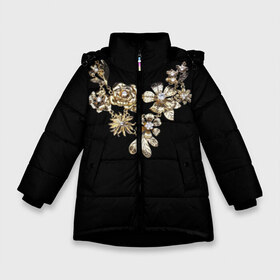 Зимняя куртка для девочек 3D с принтом Золотое ожерелье в Новосибирске, ткань верха — 100% полиэстер; подклад — 100% полиэстер, утеплитель — 100% полиэстер. | длина ниже бедра, удлиненная спинка, воротник стойка и отстегивающийся капюшон. Есть боковые карманы с листочкой на кнопках, утяжки по низу изделия и внутренний карман на молнии. 

Предусмотрены светоотражающий принт на спинке, радужный светоотражающий элемент на пуллере молнии и на резинке для утяжки. | бриллианты | драгоценность | золото | золотые | лепестки | ожерелье | роза | цветы | цепь