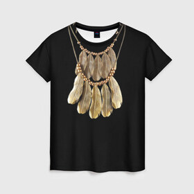 Женская футболка 3D с принтом Золотые перья в Новосибирске, 100% полиэфир ( синтетическое хлопкоподобное полотно) | прямой крой, круглый вырез горловины, длина до линии бедер | бусы | драгоценность | золото | золотые перья | украшение | цепь