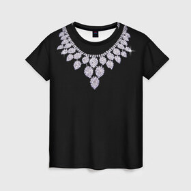 Женская футболка 3D с принтом Бриллиантовое ожерелье в Новосибирске, 100% полиэфир ( синтетическое хлопкоподобное полотно) | прямой крой, круглый вырез горловины, длина до линии бедер | Тематика изображения на принте: бриллианты | драгоценность | золотое ожерелье | камни | лепестки | цепь