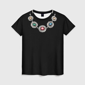 Женская футболка 3D с принтом Ожерелье в Новосибирске, 100% полиэфир ( синтетическое хлопкоподобное полотно) | прямой крой, круглый вырез горловины, длина до линии бедер | бриллианты | драгоценность | золото | золотое | камни | ожерелье | цепь