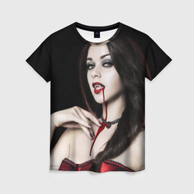 Женская футболка 3D с принтом Девушка вампир в Новосибирске, 100% полиэфир ( синтетическое хлопкоподобное полотно) | прямой крой, круглый вырез горловины, длина до линии бедер | кровь
