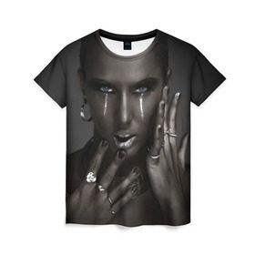 Женская футболка 3D с принтом Черная девушка в Новосибирске, 100% полиэфир ( синтетическое хлопкоподобное полотно) | прямой крой, круглый вырез горловины, длина до линии бедер | белое | блеск | бриллиант | девушка | драгоценности | золото | кольца | макияж | перстни | серебро | черная | эпатаж