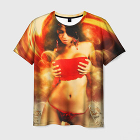 Мужская футболка 3D с принтом Огненная девушка в Новосибирске, 100% полиэфир | прямой крой, круглый вырез горловины, длина до линии бедер | брюнетка | ветер | вихрь | девушка | красный | огненная | огонь | страсть