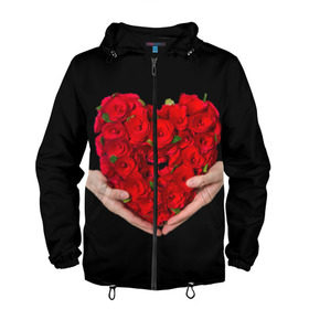 Мужская ветровка 3D с принтом Сердце в руках в Новосибирске, 100% полиэстер | подол и капюшон оформлены резинкой с фиксаторами, два кармана без застежек по бокам, один потайной карман на груди | 8 марта | любовь | подарок | праздник | розы | руки | сердце