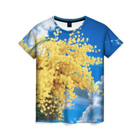Женская футболка 3D с принтом Мимозы в Новосибирске, 100% полиэфир ( синтетическое хлопкоподобное полотно) | прямой крой, круглый вырез горловины, длина до линии бедер | Тематика изображения на принте: 8 марта | весна | мимозы | небо | облака | цветы