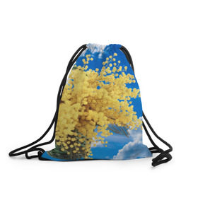 Рюкзак-мешок 3D с принтом Мимозы в Новосибирске, 100% полиэстер | плотность ткани — 200 г/м2, размер — 35 х 45 см; лямки — толстые шнурки, застежка на шнуровке, без карманов и подкладки | 8 марта | весна | мимозы | небо | облака | цветы