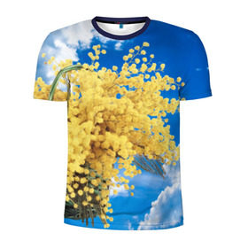 Мужская футболка 3D спортивная с принтом Мимозы в Новосибирске, 100% полиэстер с улучшенными характеристиками | приталенный силуэт, круглая горловина, широкие плечи, сужается к линии бедра | 8 марта | весна | мимозы | небо | облака | цветы