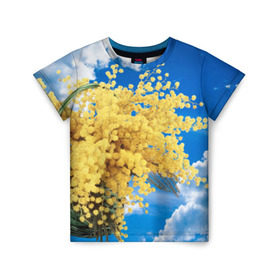 Детская футболка 3D с принтом Мимозы в Новосибирске, 100% гипоаллергенный полиэфир | прямой крой, круглый вырез горловины, длина до линии бедер, чуть спущенное плечо, ткань немного тянется | 8 марта | весна | мимозы | небо | облака | цветы