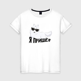 Женская футболка хлопок с принтом Песец в Новосибирске, 100% хлопок | прямой крой, круглый вырез горловины, длина до линии бедер, слегка спущенное плечо | интернет прикол | песец | пришел | юмор