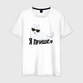 Мужская футболка хлопок с принтом Песец в Новосибирске, 100% хлопок | прямой крой, круглый вырез горловины, длина до линии бедер, слегка спущенное плечо. | интернет прикол | песец | пришел | юмор