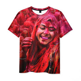 Мужская футболка 3D с принтом Фестиваль красок Холи в Новосибирске, 100% полиэфир | прямой крой, круглый вырез горловины, длина до линии бедер | festival | festival of colors | holi | весны | девушка | индия | индуистский фестиваль | красная | красок | холи