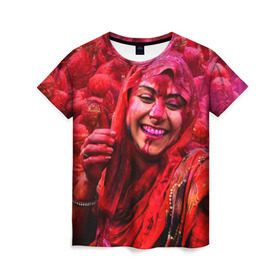 Женская футболка 3D с принтом Фестиваль красок Холи в Новосибирске, 100% полиэфир ( синтетическое хлопкоподобное полотно) | прямой крой, круглый вырез горловины, длина до линии бедер | festival | festival of colors | holi | весны | девушка | индия | индуистский фестиваль | красная | красок | холи