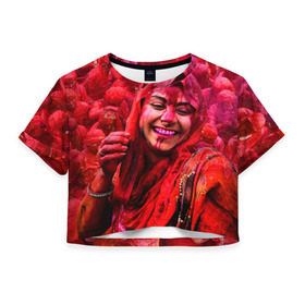 Женская футболка 3D укороченная с принтом Фестиваль красок Холи в Новосибирске, 100% полиэстер | круглая горловина, длина футболки до линии талии, рукава с отворотами | festival | festival of colors | holi | весны | девушка | индия | индуистский фестиваль | красная | красок | холи