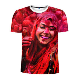 Мужская футболка 3D спортивная с принтом Фестиваль красок Холи в Новосибирске, 100% полиэстер с улучшенными характеристиками | приталенный силуэт, круглая горловина, широкие плечи, сужается к линии бедра | festival | festival of colors | holi | весны | девушка | индия | индуистский фестиваль | красная | красок | холи