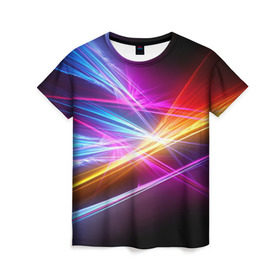 Женская футболка 3D с принтом Лучи в Новосибирске, 100% полиэфир ( синтетическое хлопкоподобное полотно) | прямой крой, круглый вырез горловины, длина до линии бедер | кислотный | лучи | обстракция | радуга | свет | спектр | цвет | цвета | яркие