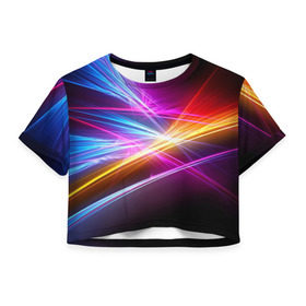 Женская футболка 3D укороченная с принтом Лучи в Новосибирске, 100% полиэстер | круглая горловина, длина футболки до линии талии, рукава с отворотами | Тематика изображения на принте: кислотный | лучи | обстракция | радуга | свет | спектр | цвет | цвета | яркие